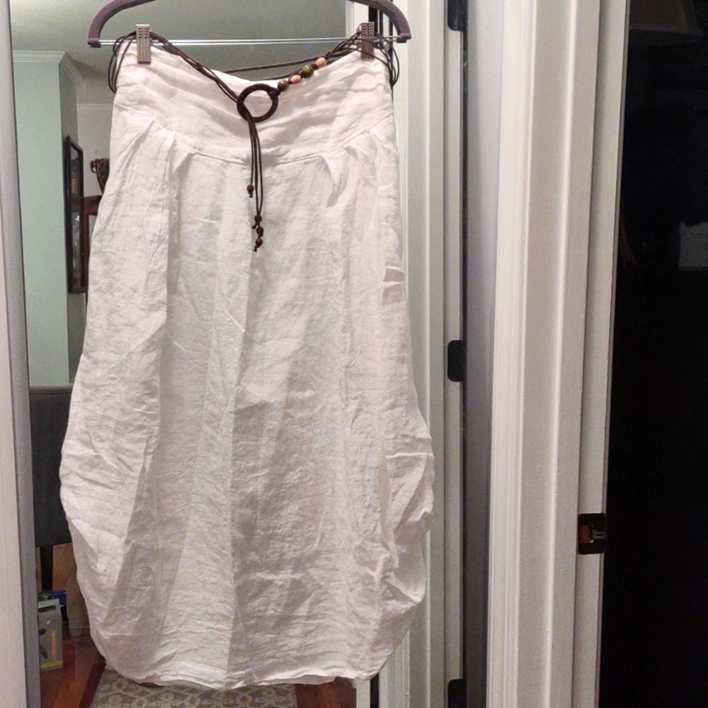 PuroLino White Linen Midi Skirt & Belt. Size Large, Dressy Casual Loose Flowy